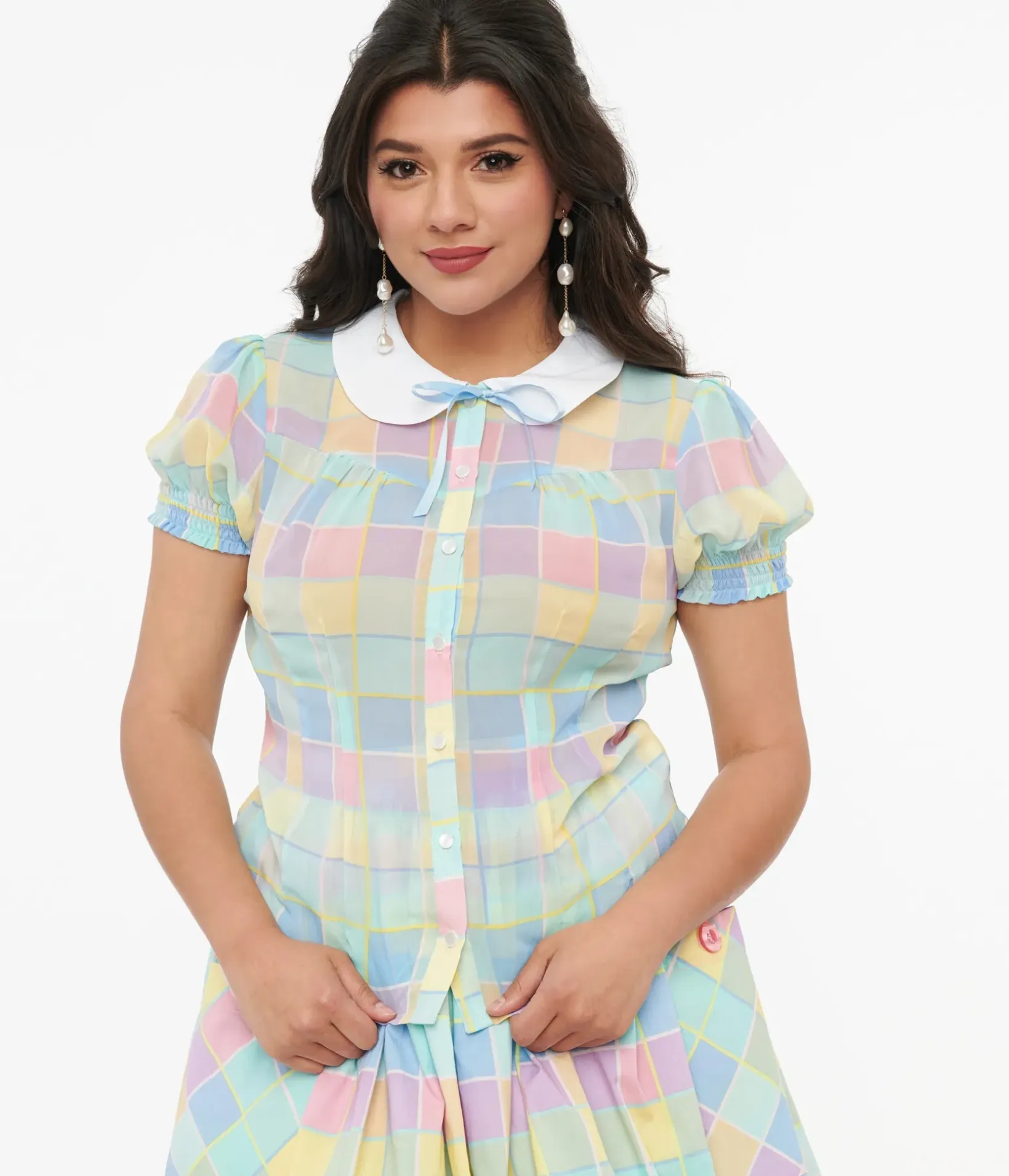 Unique Vintage Blouses|Pride>Hell Bunny 1950s Pastel Check Collared Skye Blouse