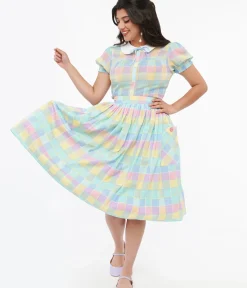 Unique Vintage Skirts|Pride>Hell Bunny 1950s Pastel Check Cotton Skye Swing Skirt