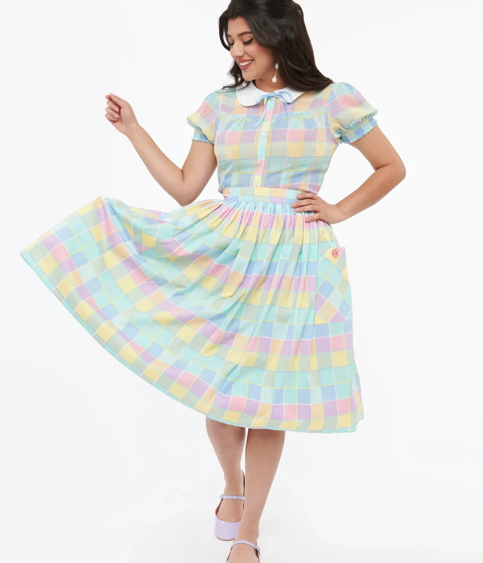 Unique Vintage Skirts|Pride>Hell Bunny 1950s Pastel Check Cotton Skye Swing Skirt