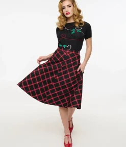 Unique Vintage Skirts|All Things Red>Hell Bunny 1950s Red & Black Tartan Janine Swing Skirt