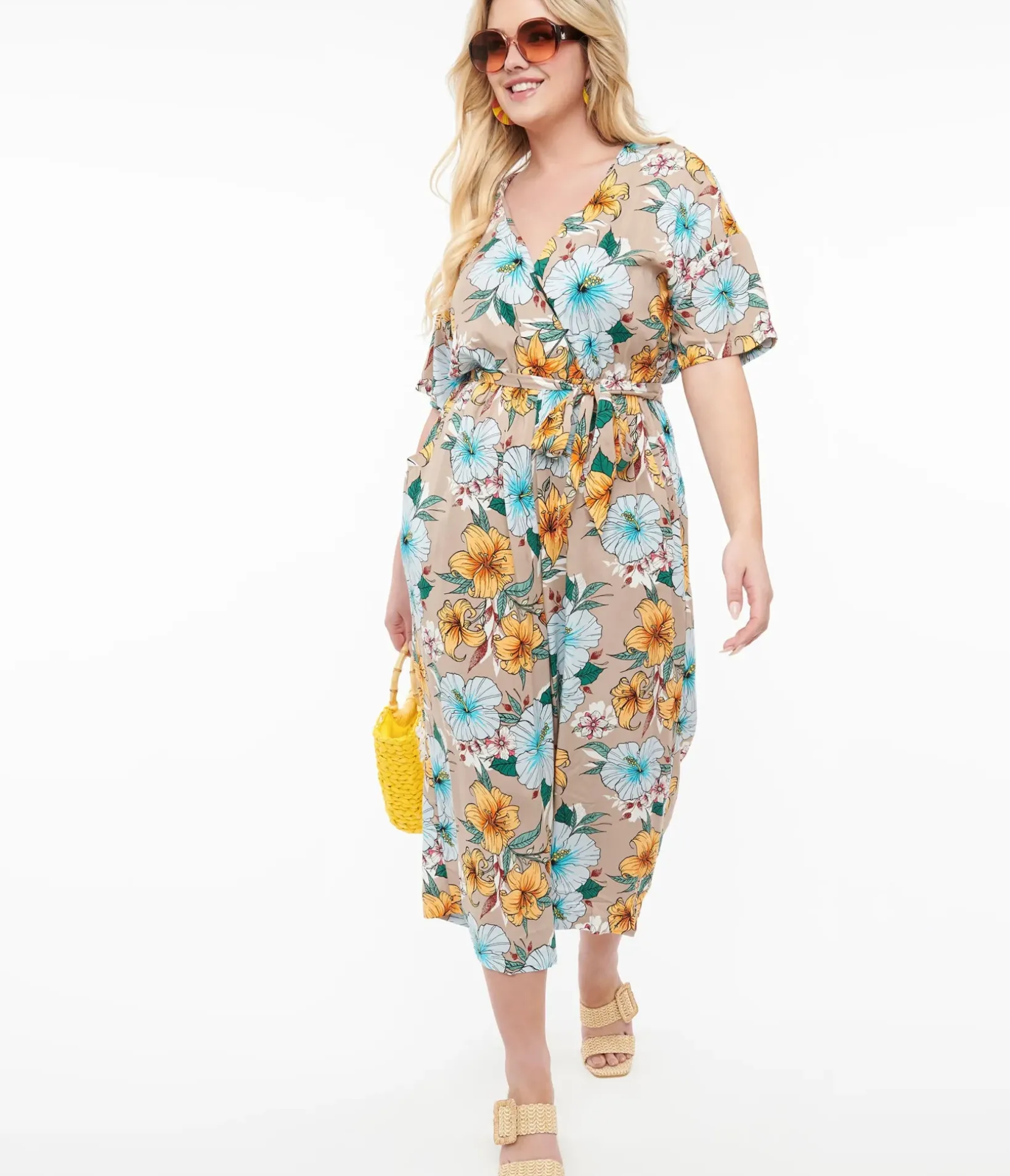 Unique Vintage Rompers & Jumpsuits>Hell Bunny 1970s Tan & Tropical Floral Print Jumpsuit