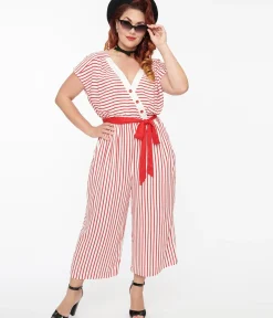 Unique Vintage Rompers & Jumpsuits|Summer Vacation>Hell Bunny 1950s White & Red Striped Jumpsuit