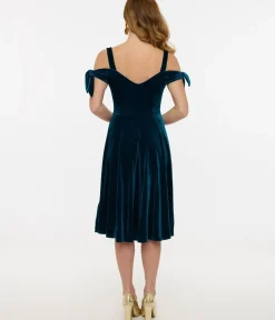 Unique Vintage Midi|Everyday Dresses>Hell Bunny Teal Velvet Off The Shoulder Midi Dress