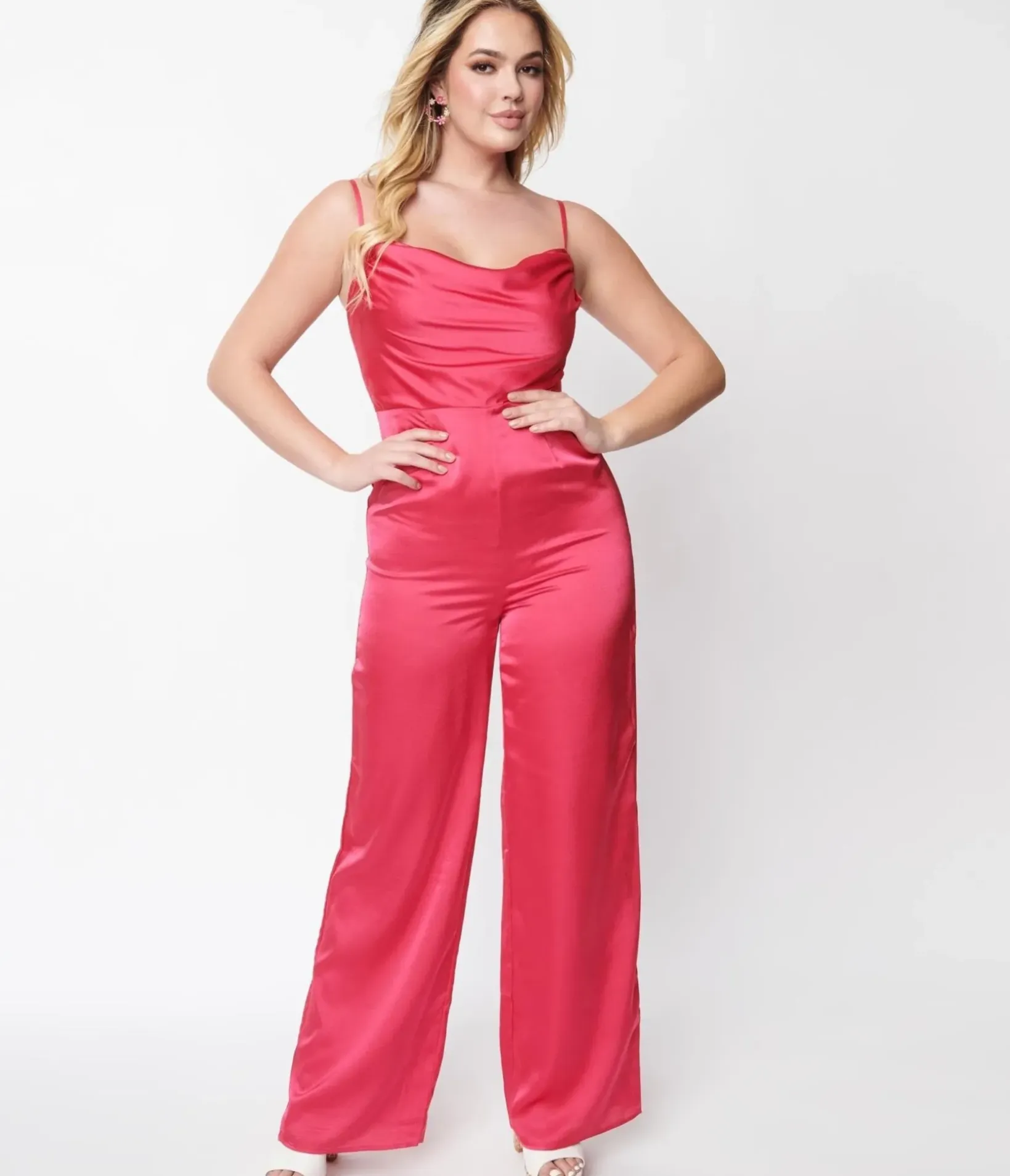 Unique Vintage Rompers & Jumpsuits|Concert & Festivals>Hot Pink Chateau Satin Cowl Neck Jumpsuit