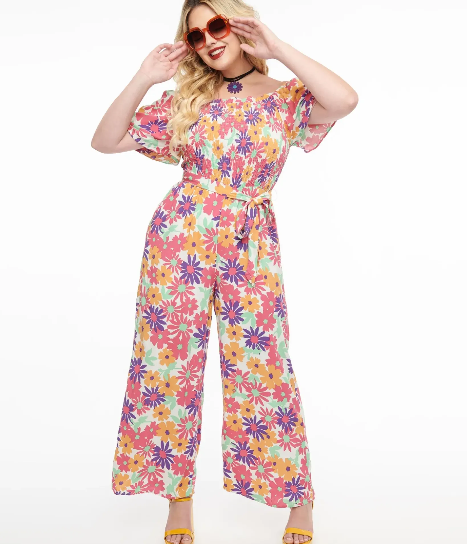 Unique Vintage Rompers & Jumpsuits|All Things Pink>Hot Pink & Purple Floral Flutter Sleeve Jumpsuit