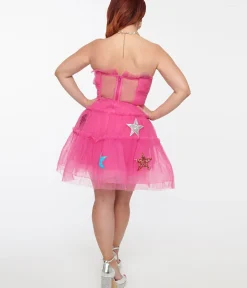 Unique Vintage Everyday Dresses|All Things Pink>Hot Pink Tulle Star Sequin Mini Dress