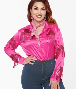 Unique Vintage Blouses|All Things Pink>Hot Pink Western Hat Sequin Fringe Satin Blouse