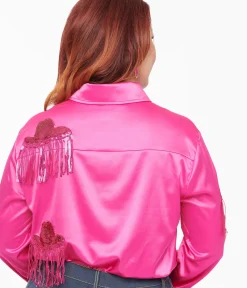 Unique Vintage Blouses|All Things Pink>Hot Pink Western Hat Sequin Fringe Satin Blouse