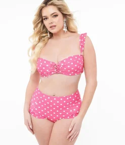Unique Vintage Two Piece Swim|Two Piece Swim>Hot Pink & White Polka Dot Two Piece Swim Set