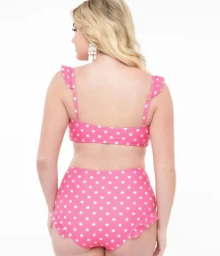 Unique Vintage Two Piece Swim|Two Piece Swim>Hot Pink & White Polka Dot Two Piece Swim Set