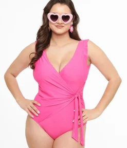Unique Vintage One Piece Swim|Summer Vacation>Hot Pink Wrap One Piece Swimsuit