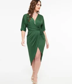 Unique Vintage Pencil|Everyday Dresses>Hunter Green Ruched Pencil Dress
