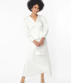 Unique Vintage Everyday Dresses>Ivory Long Sleeve Blouse & Midi Skirt Bridal Set