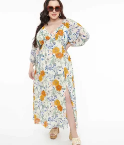 Unique Vintage Maxi|Everyday Dresses>Ivory & Multicolor Floral Maxi Dress