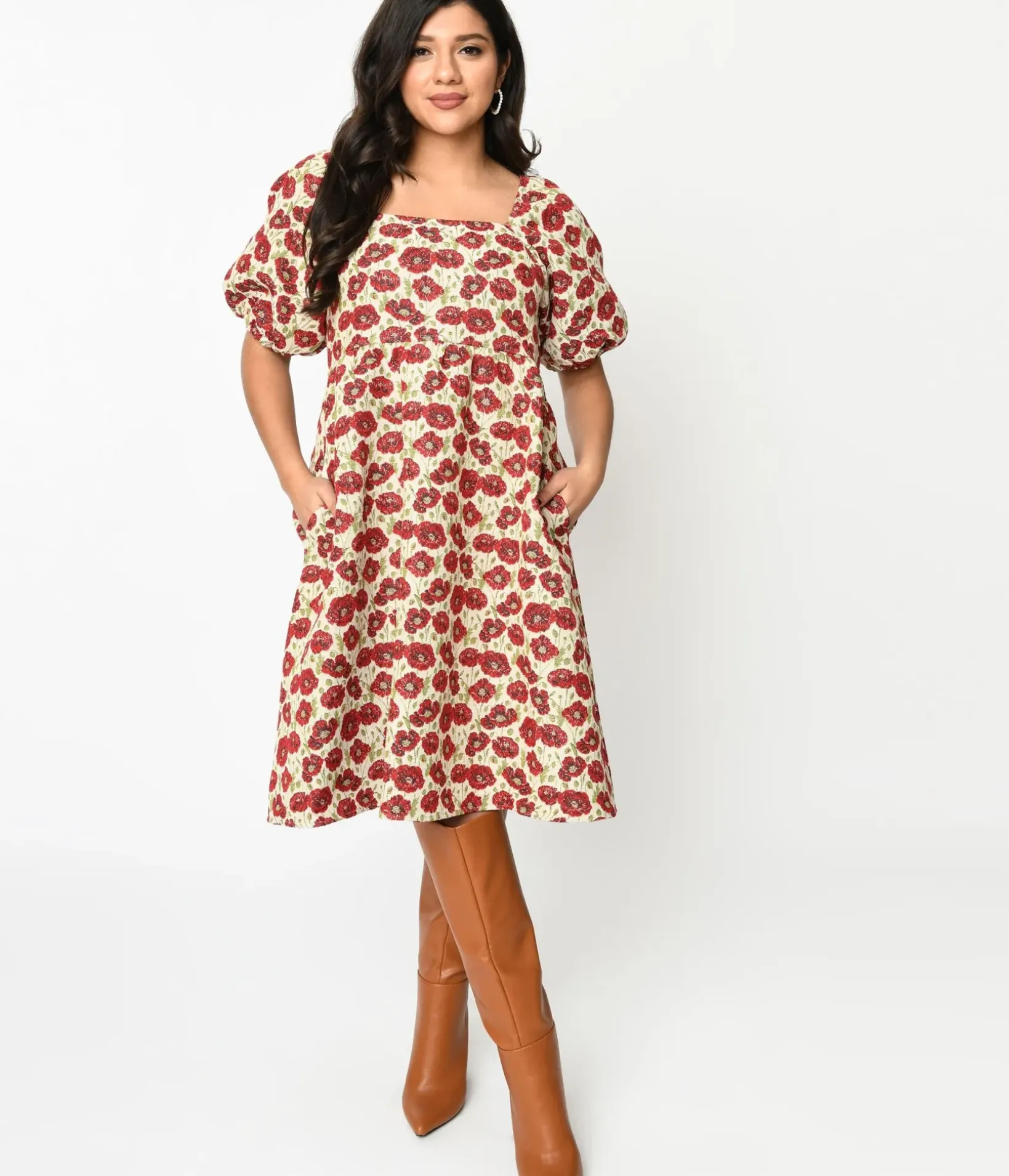 Unique Vintage Fit & Flare|Pocket Dresses>Ivory & Red Floral Kiss Jacquard Fit & Flare Dress