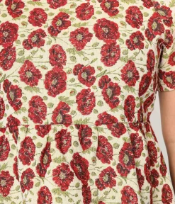 Unique Vintage Blouses|All Things Red>Ivory & Red Floral Kiss Jacquard Peplum Top