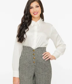 Unique Vintage Blouses|Work Wear>Ivory Satin Charmeuse Button Front Blouse