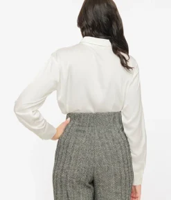 Unique Vintage Blouses|Work Wear>Ivory Satin Charmeuse Button Front Blouse