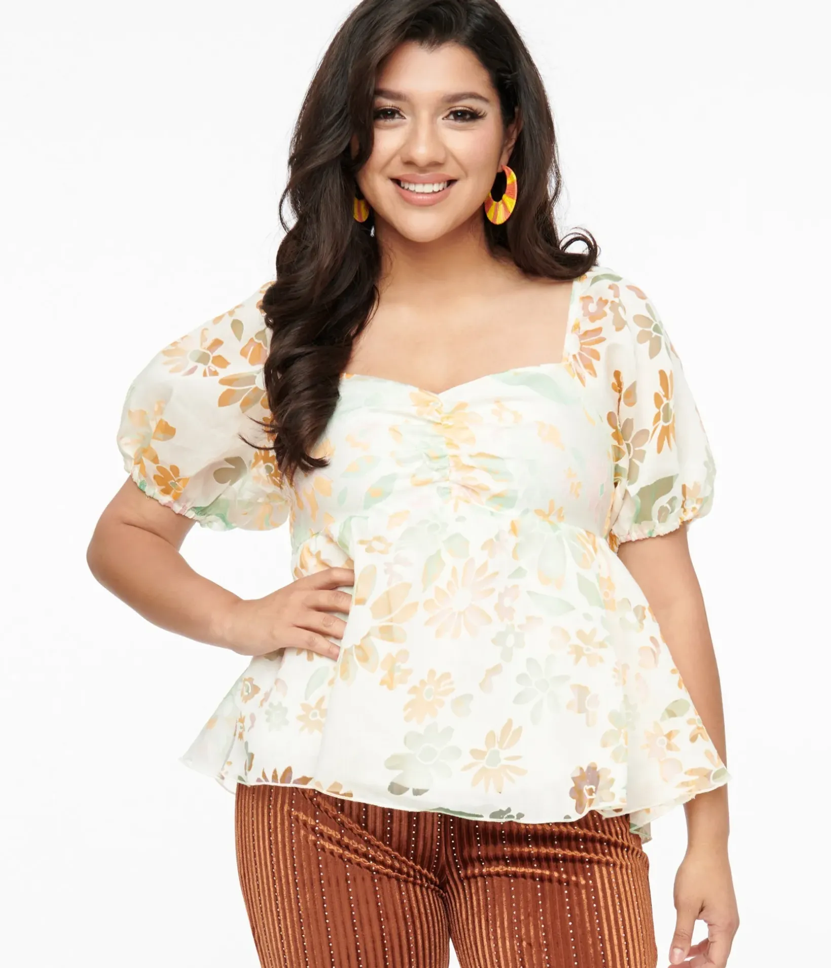 Unique Vintage Blouses>Ivory & Tangerine Floral Babydoll Blouse