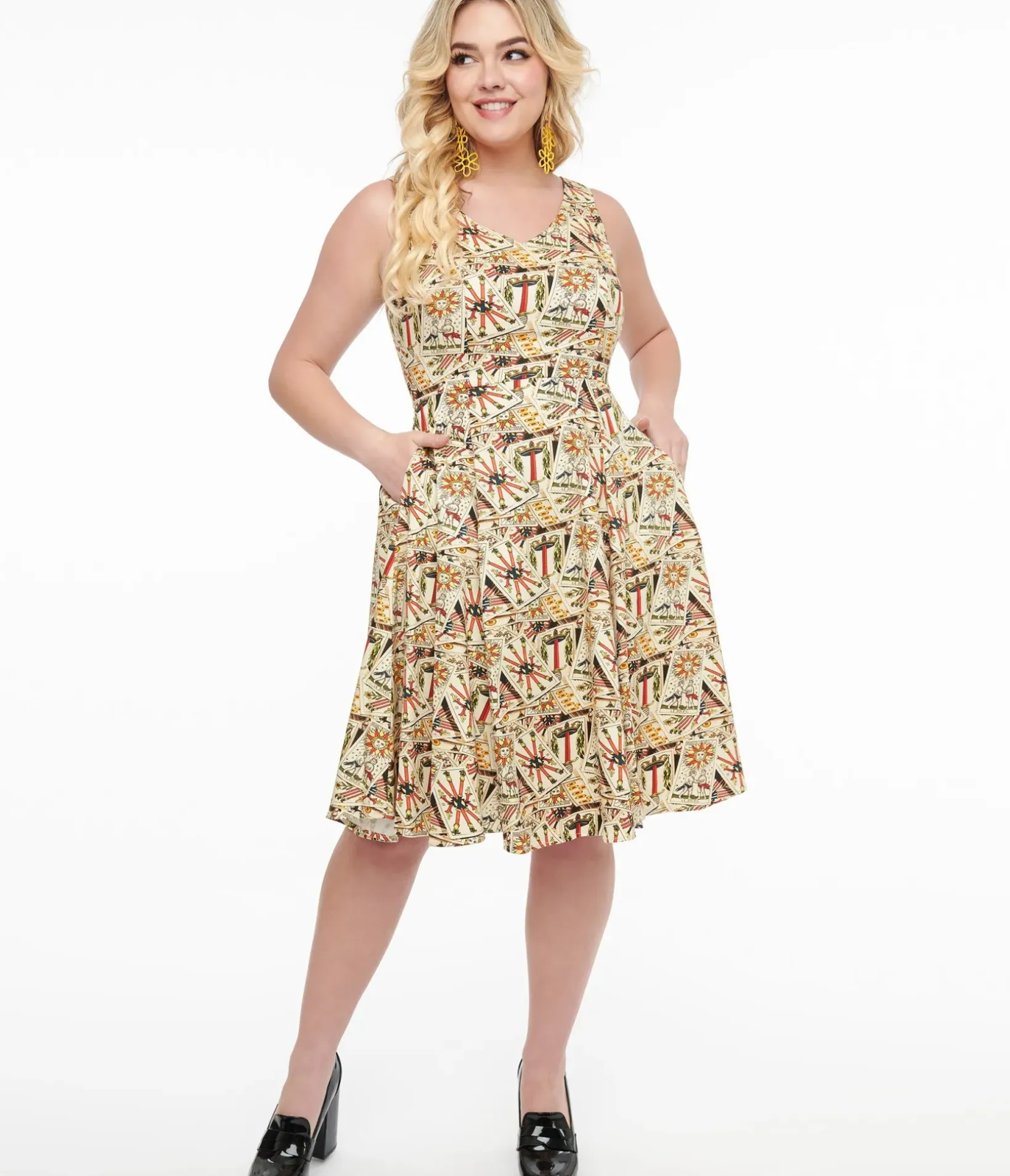 Unique Vintage Swing|Pocket Dresses>Ivory & Tarot Card Print Cotton Swing Dress