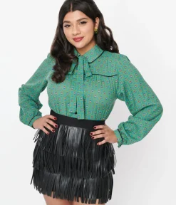 Unique Vintage Blouses|Work Wear>Jade Blue Floral Paisley Blouse