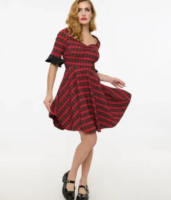 Unique Vintage Everyday Dresses|All Things Red>Jawbreaker Red Tartan & Black Heart Mini Dress