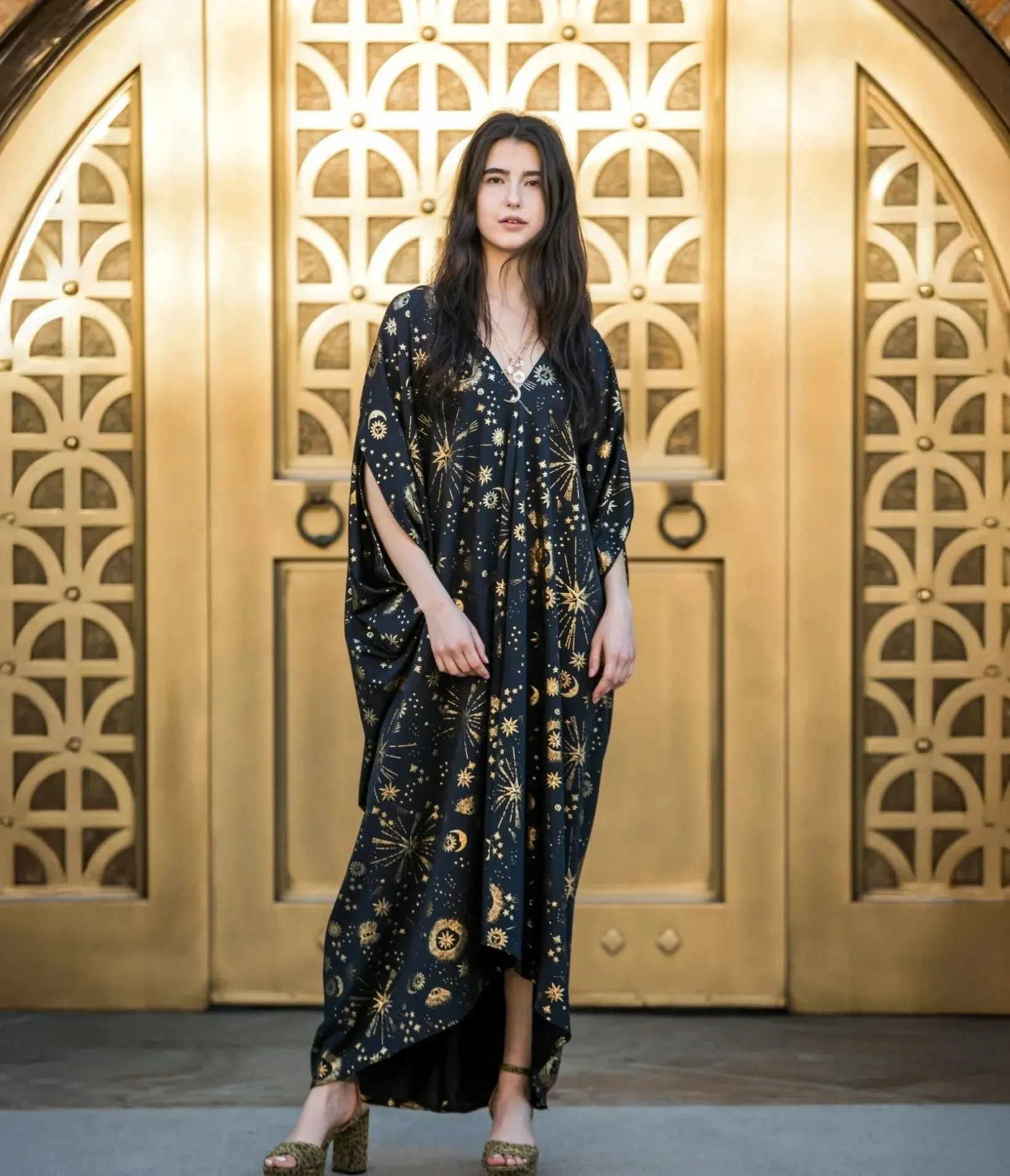 Unique Vintage Maxi|Caftans>Jennafer Grace Black & Gold Celestia Caftan