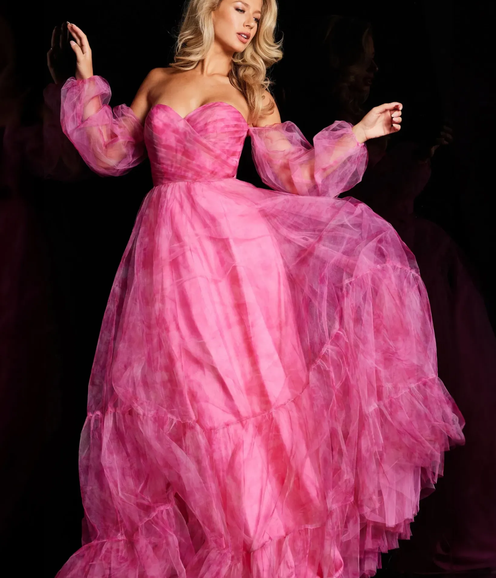 Unique Vintage Special Occasion|Prom Dresses>Jovani Fuchsia Off The Shoulder Ruched Organza Ballgown