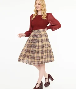 Unique Vintage Skirts>Khaki Plaid Fit & Flare Cotton Skirt