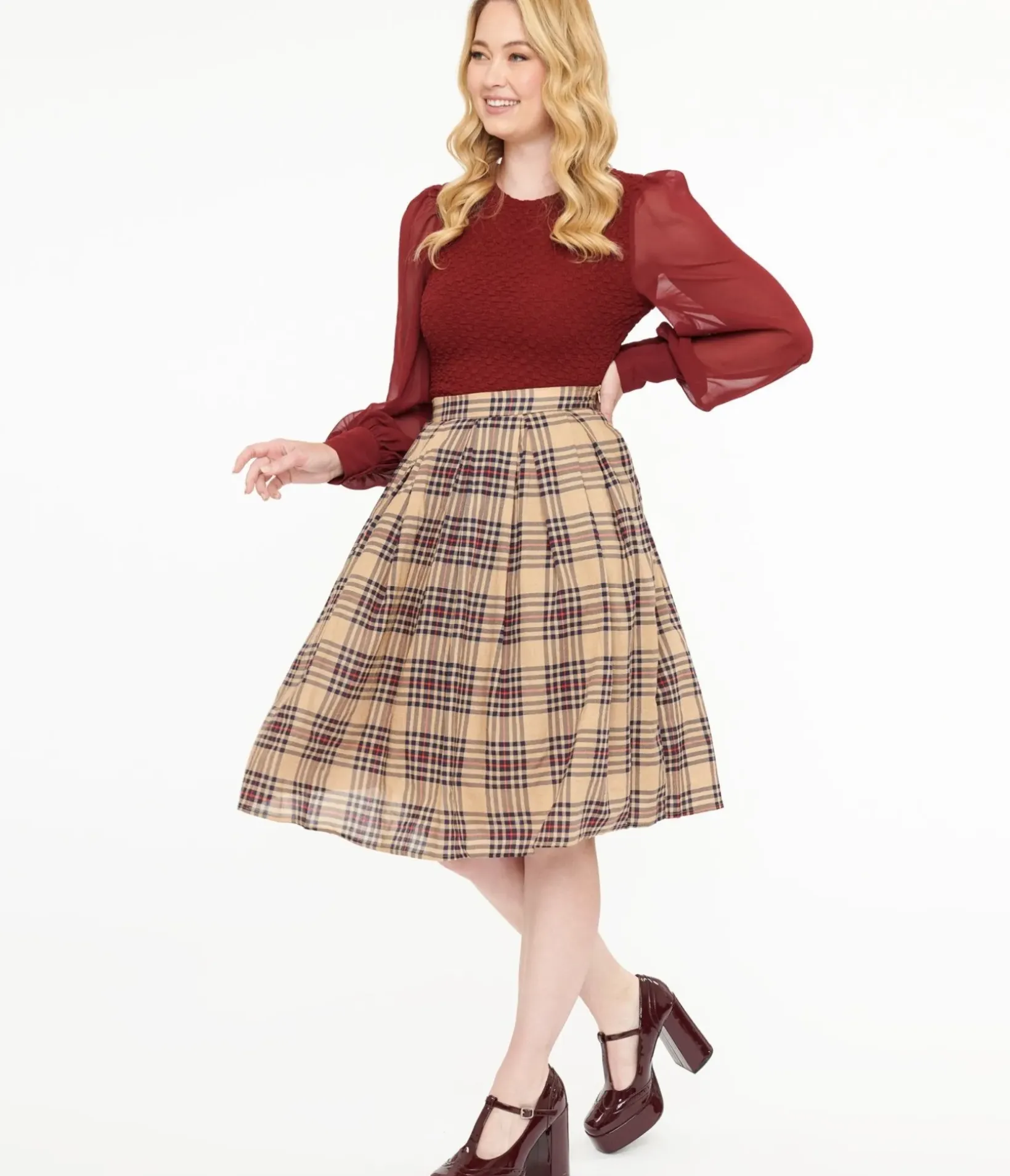 Unique Vintage Skirts>Khaki Plaid Fit & Flare Cotton Skirt