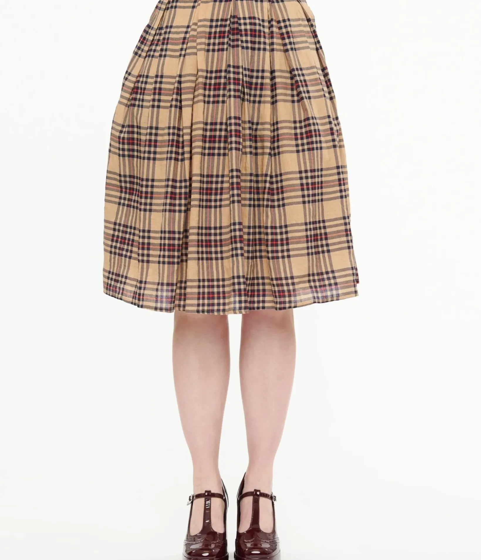 Unique Vintage Skirts>Khaki Plaid Fit & Flare Cotton Skirt