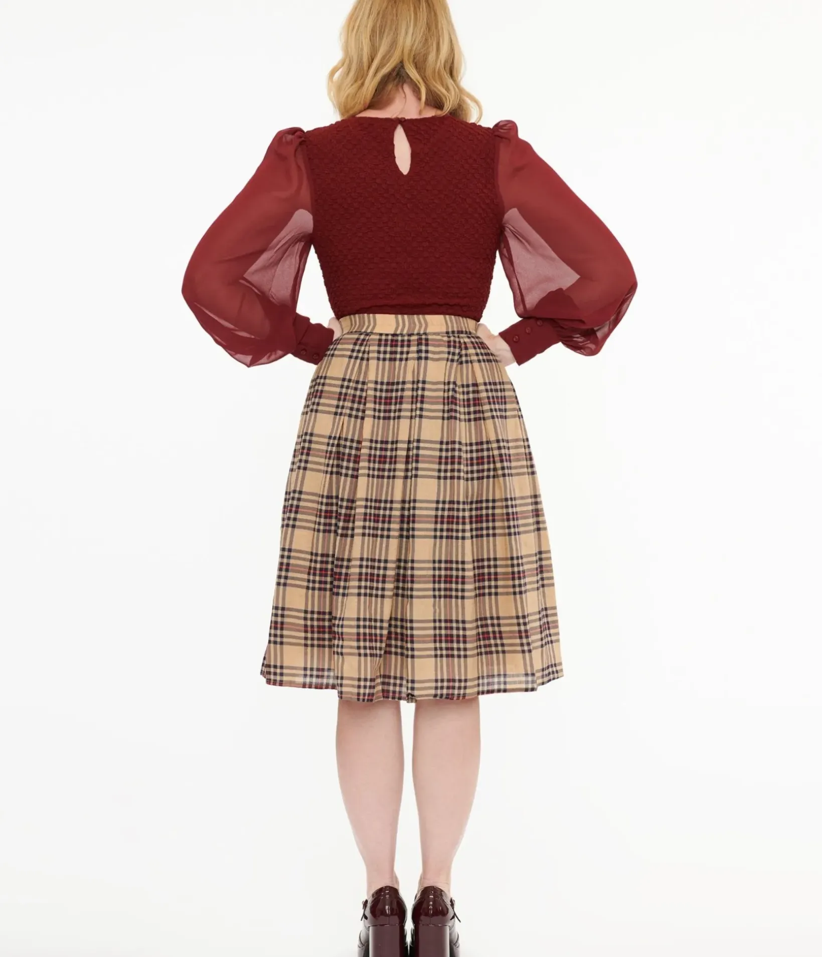Unique Vintage Skirts>Khaki Plaid Fit & Flare Cotton Skirt