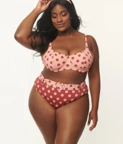 Unique Vintage Two Piece Swim|Two Piece Swim>Kingdom & State Plus Size Dusty Pink & Burgundy Polka Dot Swim Top