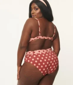 Unique Vintage Two Piece Swim|Two Piece Swim>Kingdom & State Plus Size Dusty Pink & Burgundy Polka Dot Swim Top