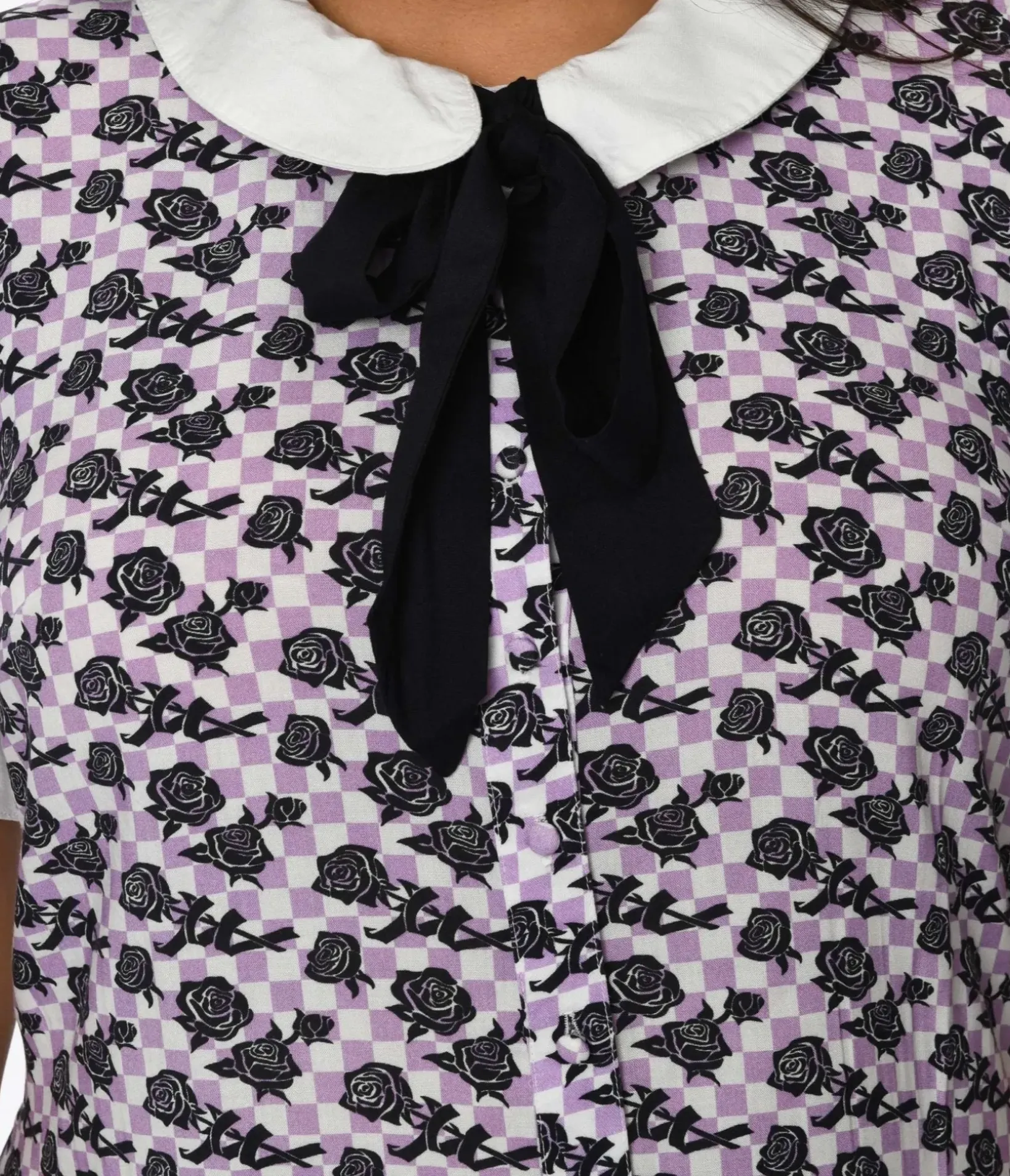 Unique Vintage Everyday Dresses>Lavender & White Checkered Rose Shift Dress