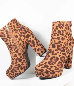 Unique Vintage Boots|Heels>Leopard Print Suede Platform Heel Booties