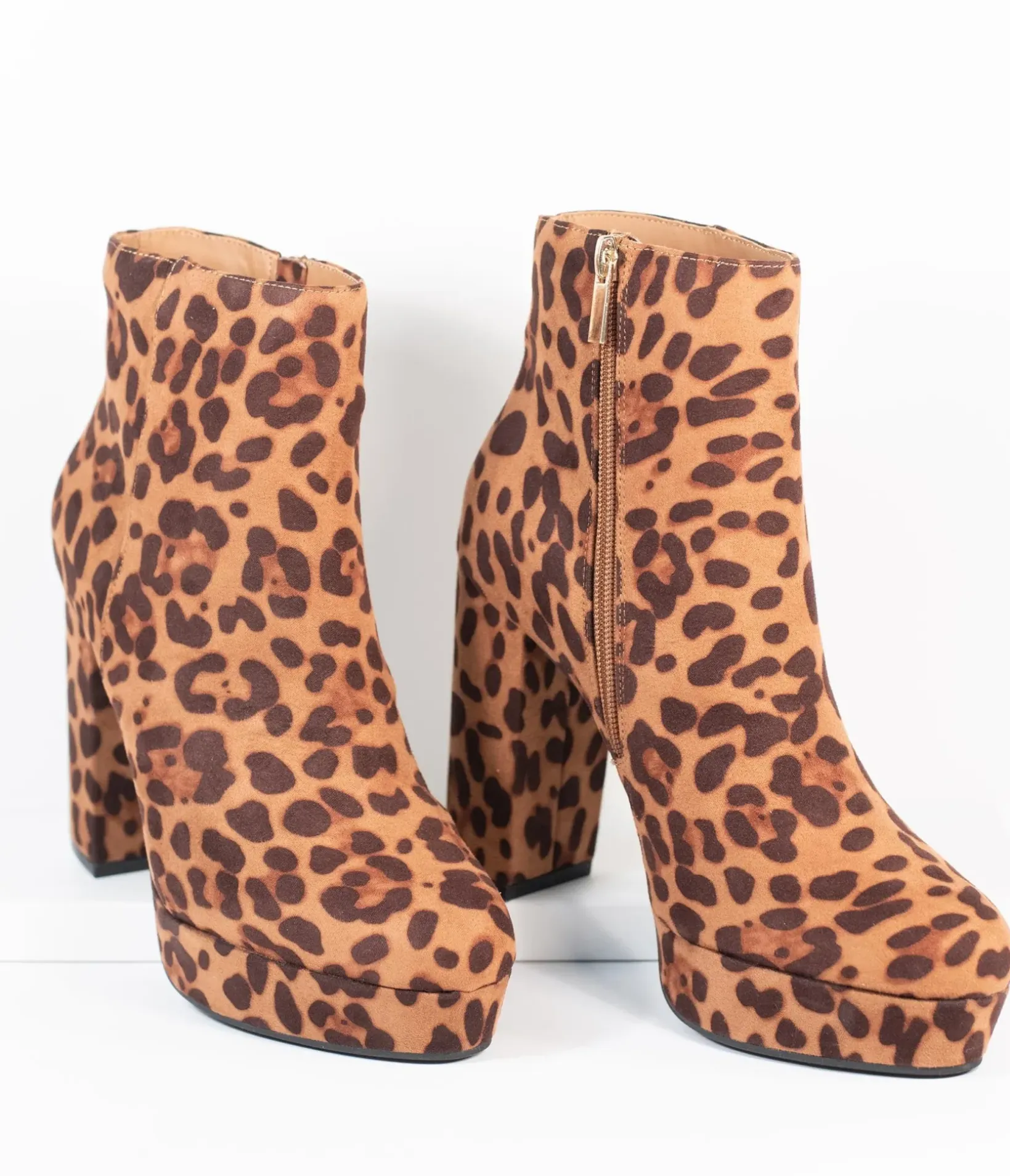 Unique Vintage Boots|Heels>Leopard Print Suede Platform Heel Booties