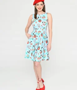 Unique Vintage Fit & Flare|Pocket Dresses>Light Blue & Christmas Puppy Print Flare Dress