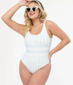 Unique Vintage One Piece Swim|One Piece Swim>Light Blue & White Stripe One Piece Swimsuit