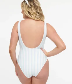 Unique Vintage One Piece Swim|One Piece Swim>Light Blue & White Stripe One Piece Swimsuit
