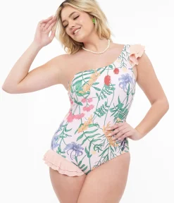 Unique Vintage One Piece Swim|All Things Pink>Light Pink Floral Swimsuit & Coverup Skirt