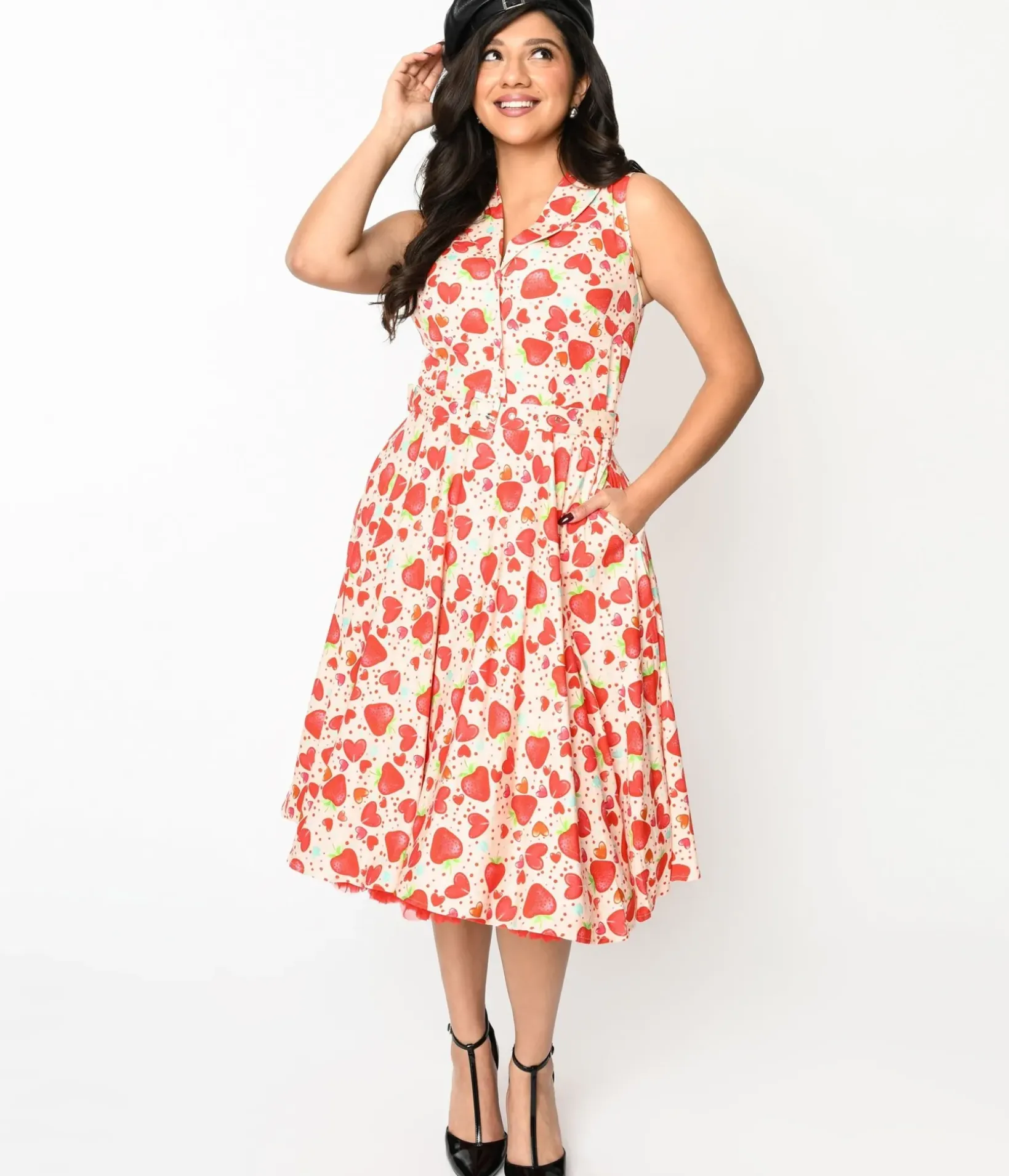 Unique Vintage Swing|Pocket Dresses>Light Pink Strawberry Love Swing Dress