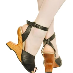 Unique Vintage Heels|Wedges>Lucky Lou Shoes Black Leatherette Boom Boom Wedges