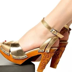 Unique Vintage Heels>Lucky Lou Shoes Cherry Blossom Gilda Gold Leatherette Heels