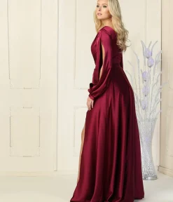 Unique Vintage Special Occasion|Prom Dresses>Magenta Satin Long Sleeve Goddess Gown