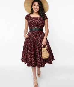 Unique Vintage Swing|Swing>Magnolia Place Black & Cherry Anna Swing Dress