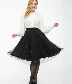 Unique Vintage Skirts>Magnolia Place Black & Faux Pearl Sally Swing Skirt