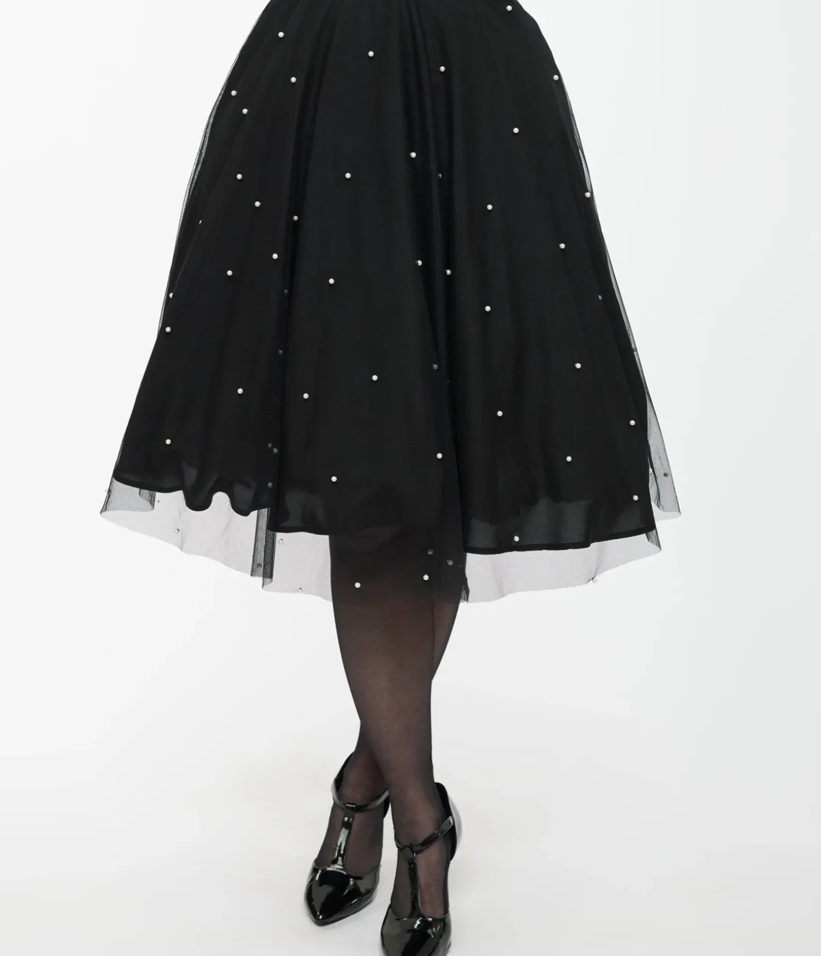 Unique Vintage Skirts>Magnolia Place Black & Faux Pearl Sally Swing Skirt