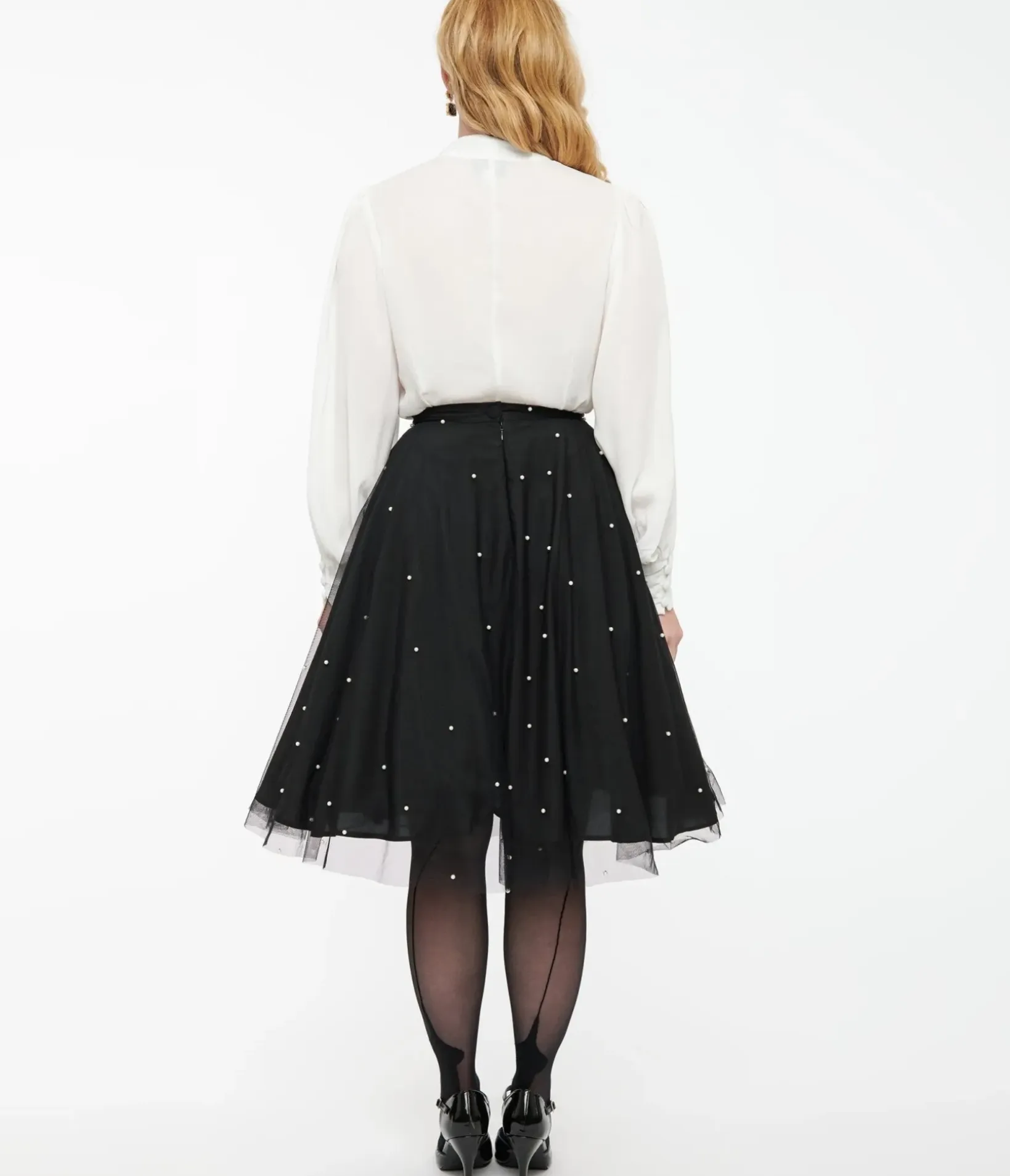 Unique Vintage Skirts>Magnolia Place Black & Faux Pearl Sally Swing Skirt