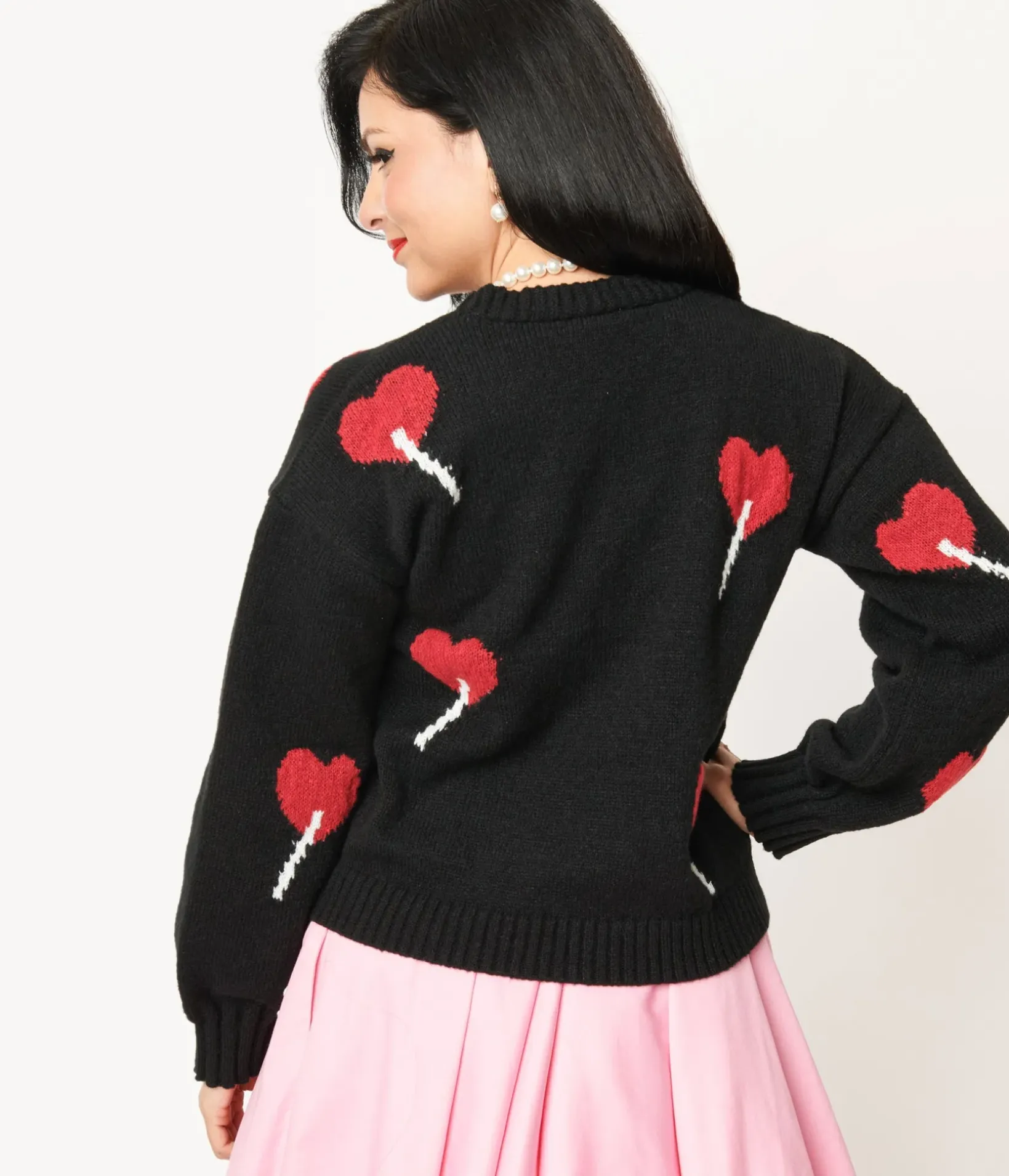 Unique Vintage Sweaters & Cardigans>Magnolia Place Black Heart Lollipop Open Cardigan